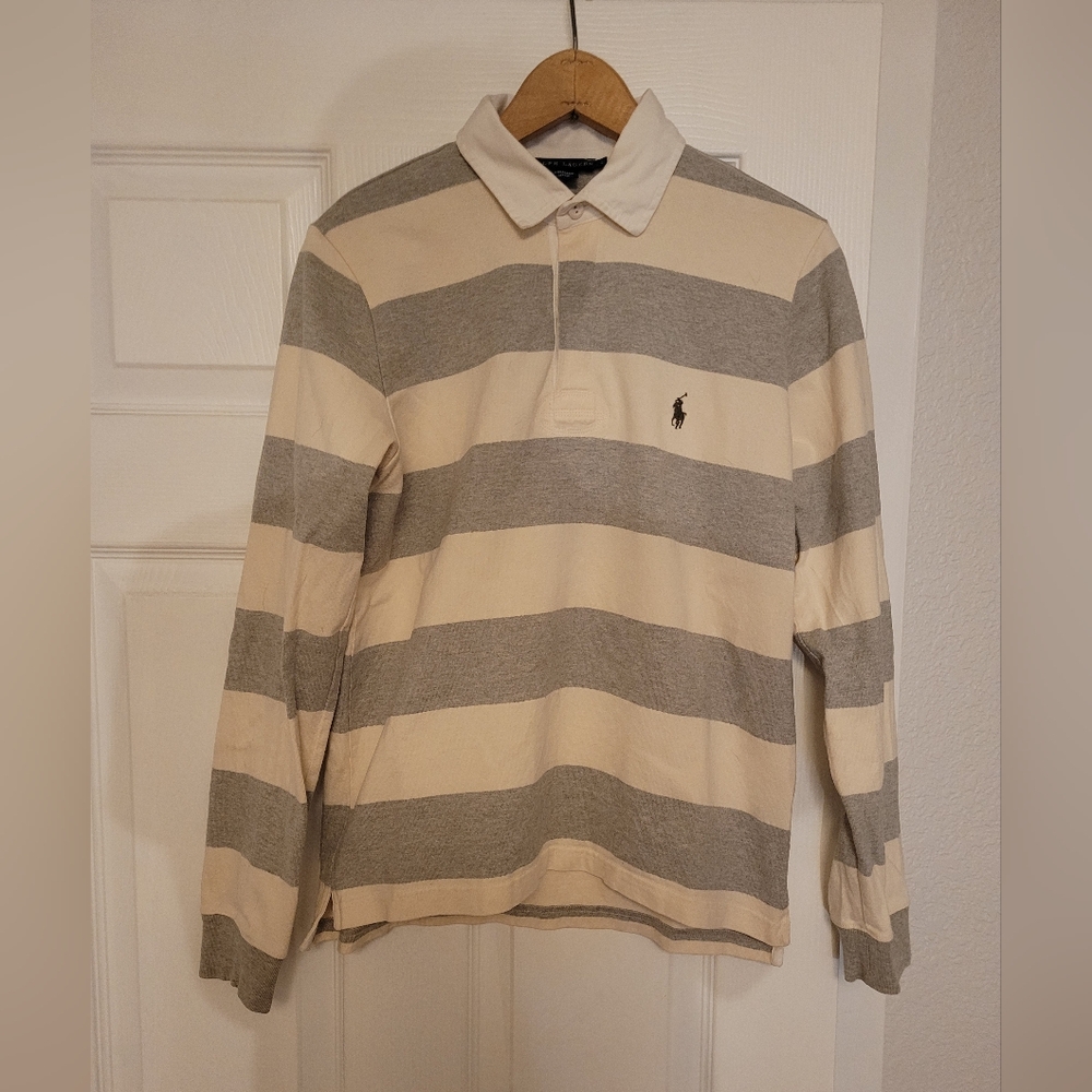 Ralph Lauren Polo Women's Gray and Cream Striped Rugby Shirt Size Large